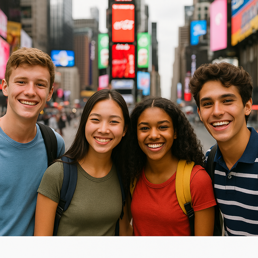 Quattro studenti internazionali sorridono all’aperto a New York, con grattacieli sullo sfondo. L’atmosfera è dinamica e multiculturale.