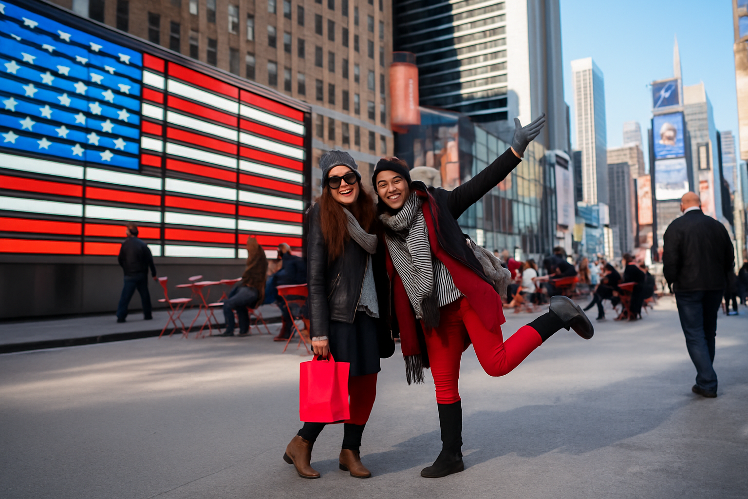 Due studentesse internazionali sorridono davanti alla bandiera americana digitale a Times Square, New York, durante il Ministay prima dell’anno scolastico negli Stati Uniti.