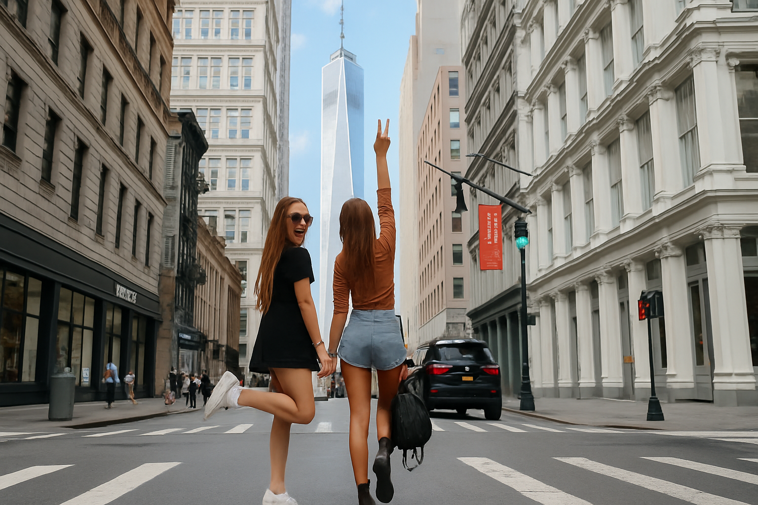 Due ragazze giovani che posano sorridendo nel mezzo di una strada di New York, con il One World Trade Center sullo sfondo e grattacieli moderni ai lati.
