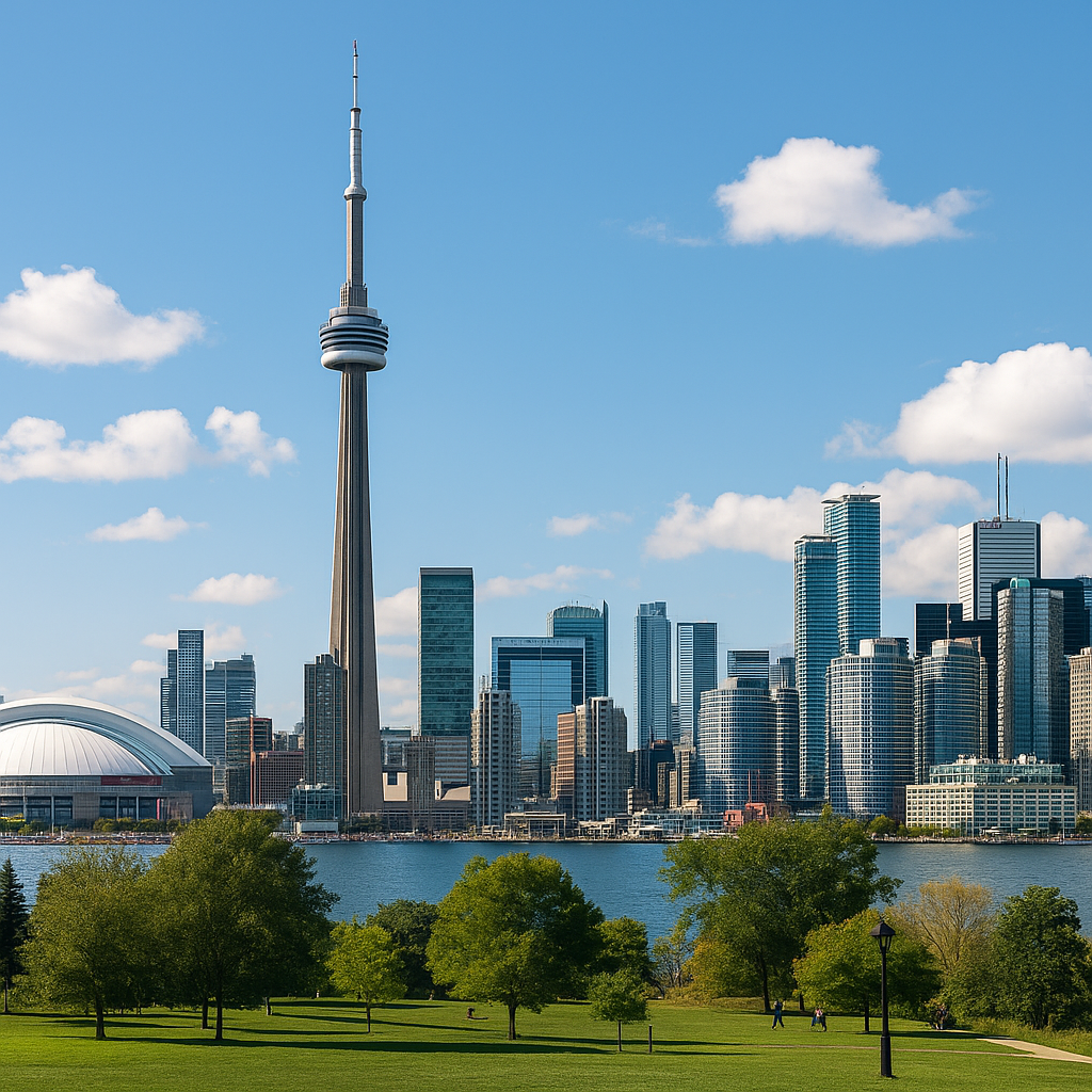 Veduta panoramica del centro di Toronto con la CN Tower in evidenza, il lungolago e il verde del parco in primo piano sotto un cielo limpido