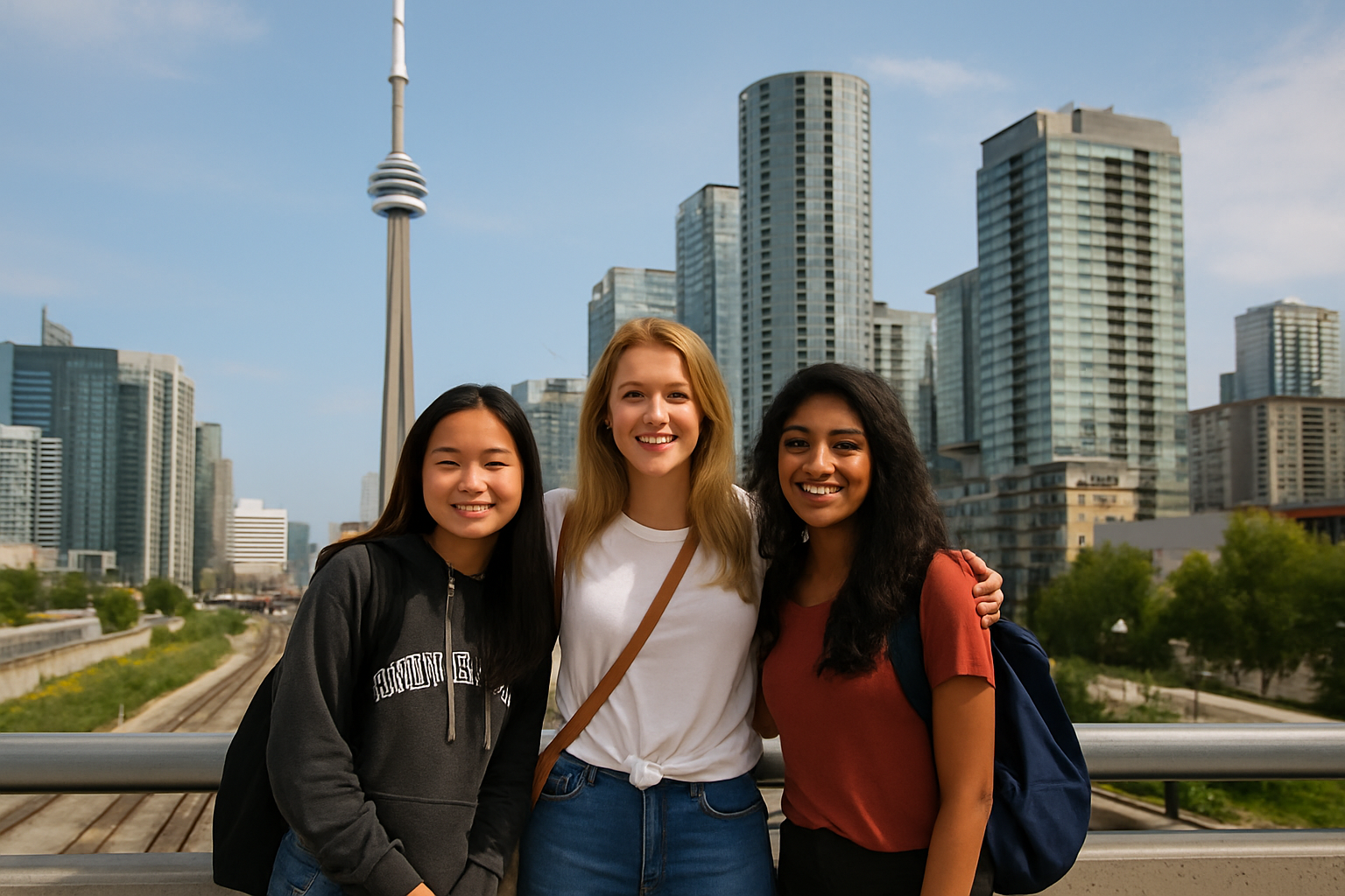 Tre studentesse sorridenti con le spalle a Toronto!