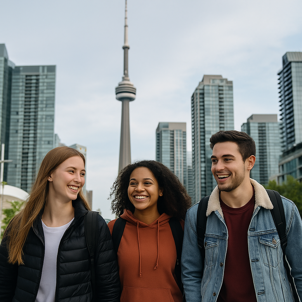 Tre studenti sorridenti, due ragazze e un ragazzo, camminano insieme nel centro di Toronto con lo skyline cittadino e la CN Tower sullo sfondo, in un momento spensierato di condivisione e scoperta